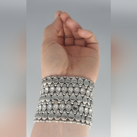 Silvertone Stretchy Bangle Style Rhinestone Bracelet - Picture 2 of 7